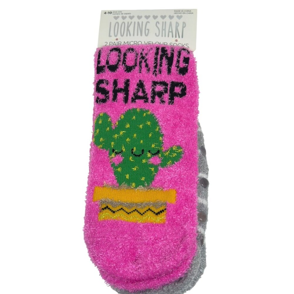 NEW Looking Sharp 2-Pair Micro Velour Socks Cactus Pink Gray Fuzzy Size 4-10